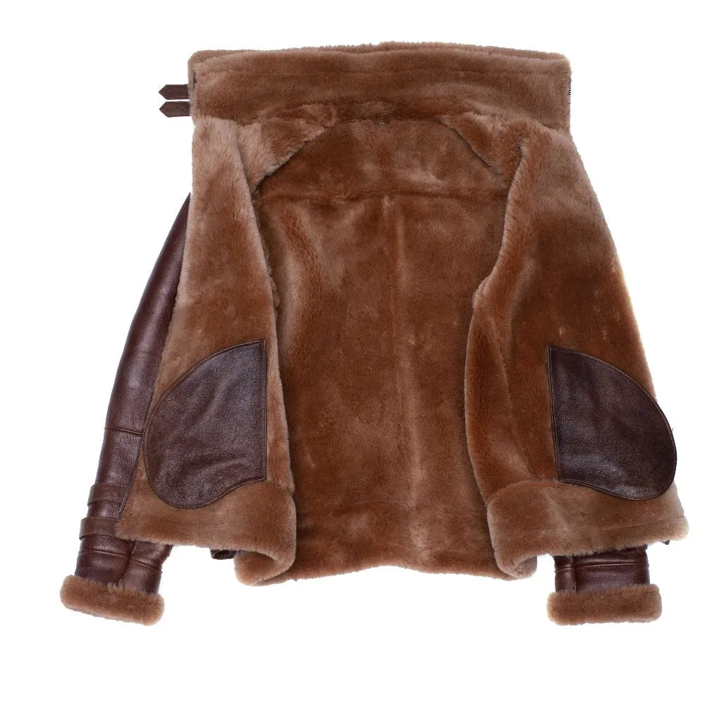 Phan's Brown Aviator bomber shearling jacket with a waist belt