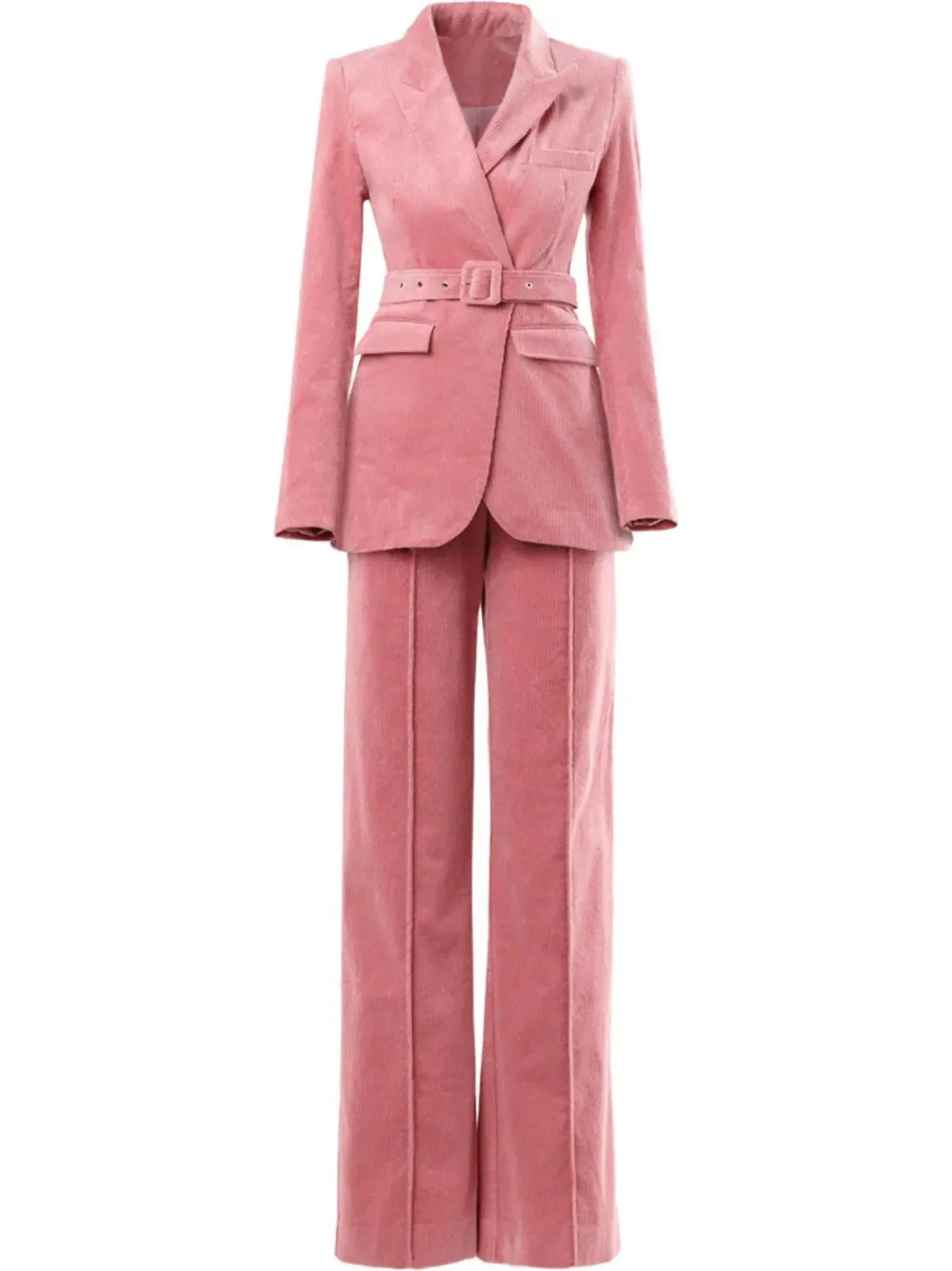 Pink Buckle Belted Blazer & Flare Pants Set