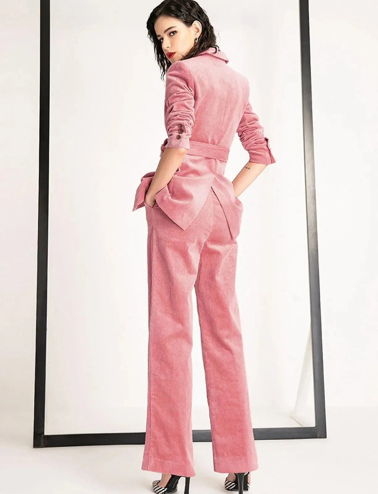 Pink Buckle Belted Blazer & Flare Pants Set