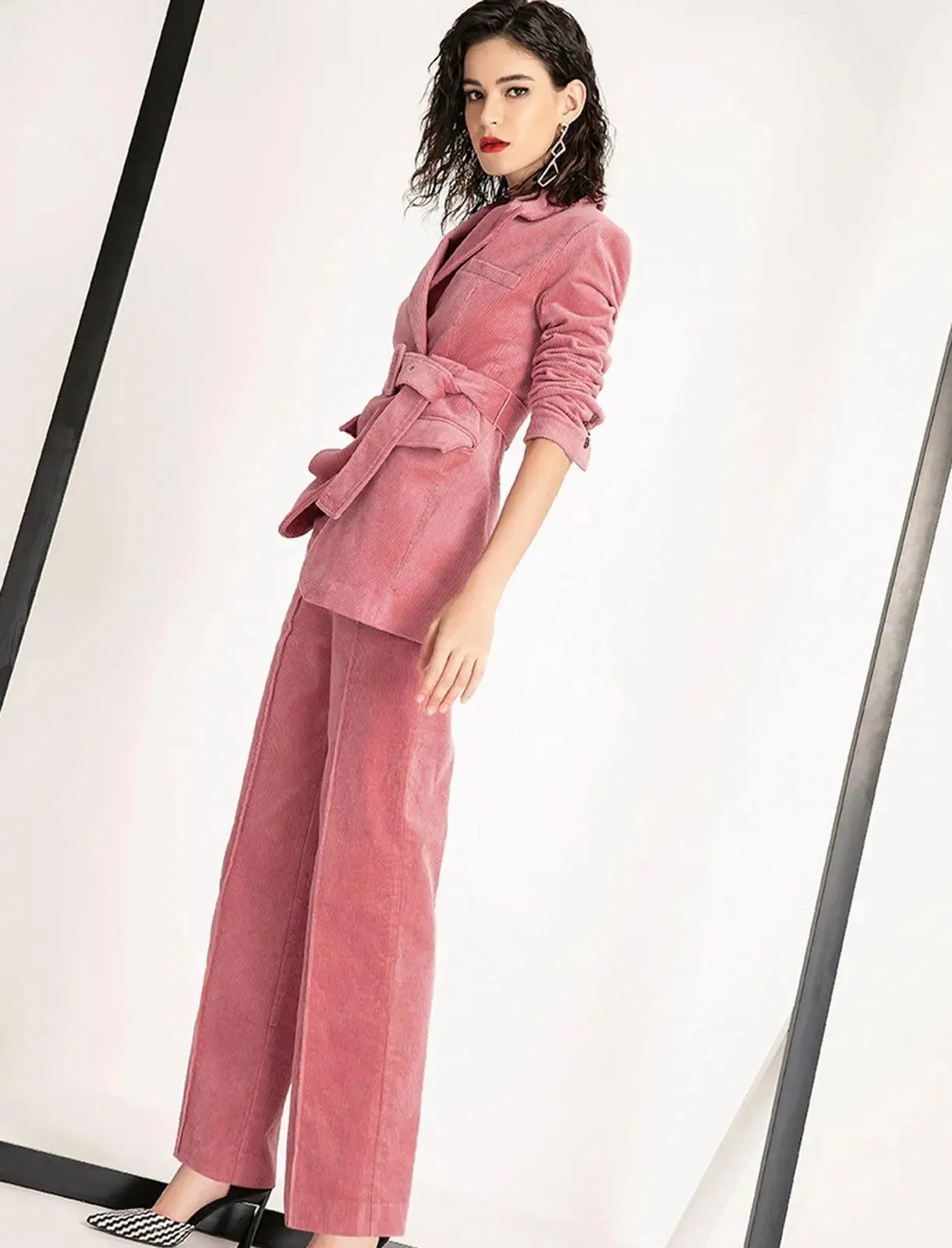 Pink Buckle Belted Blazer & Flare Pants Set