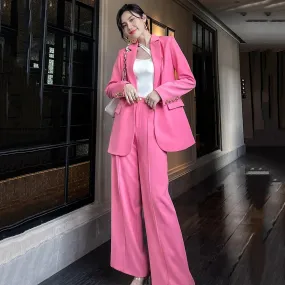 Pink One Button Blazer & Flare Leg Pantsuit