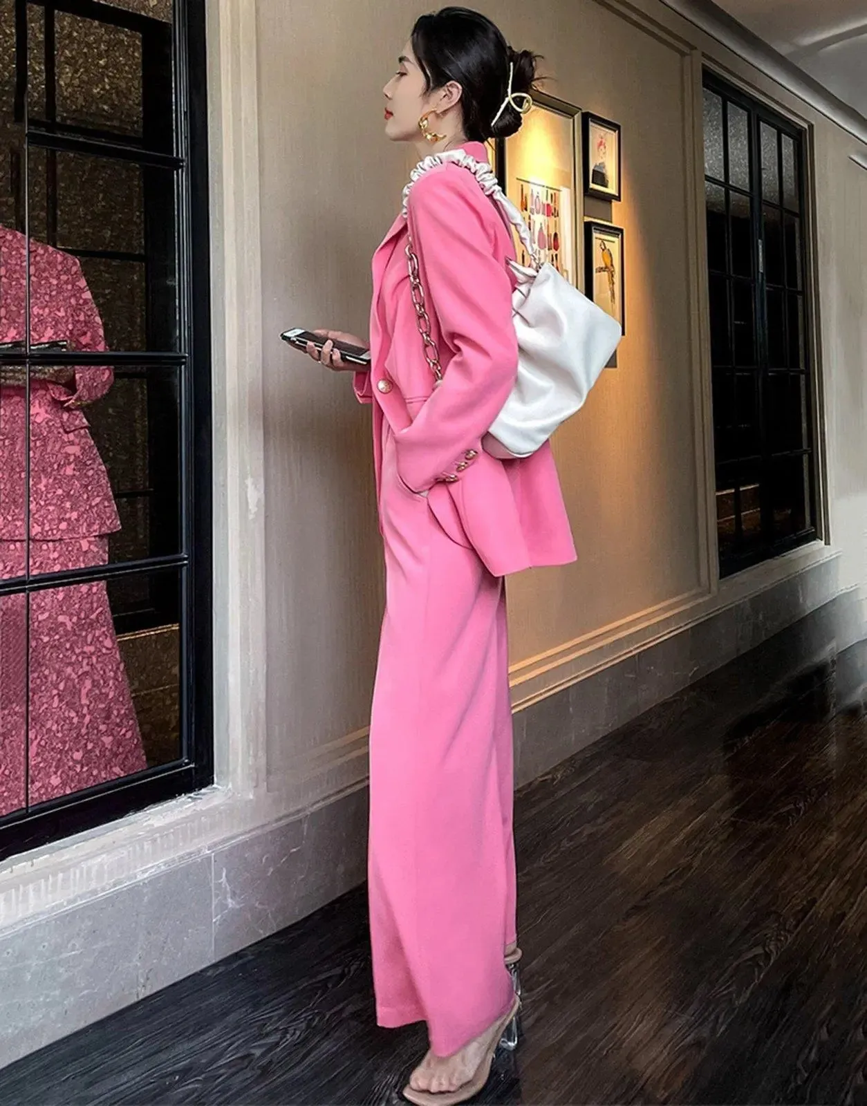 Pink One Button Blazer & Flare Leg Pantsuit