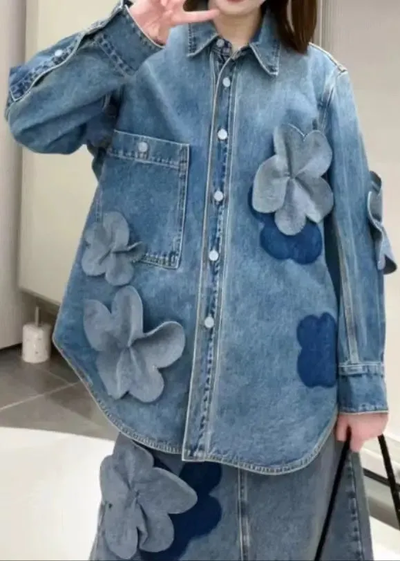 Plus Size Blue Button Pockets Denim Coats Long Sleeve CG1024