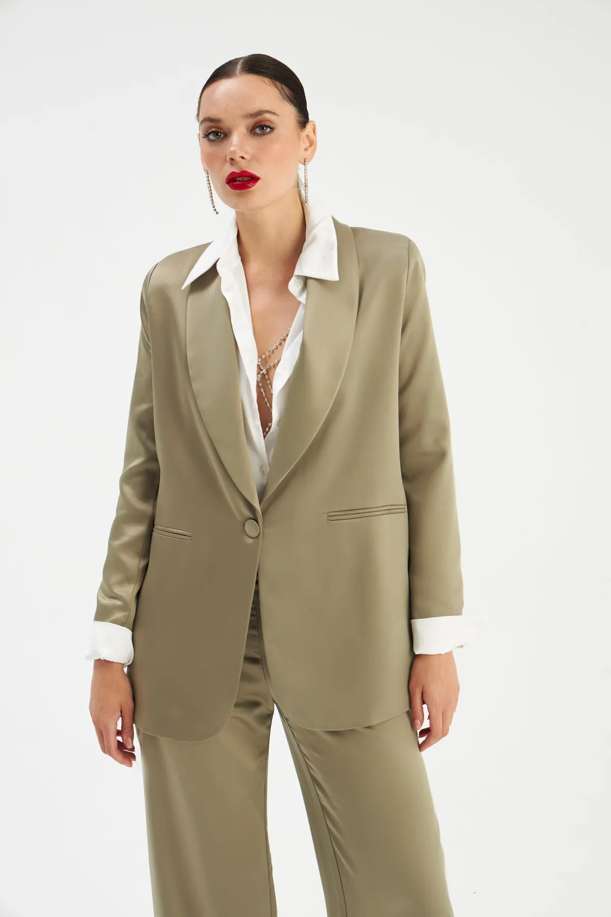 Shawl Collar Satin Jacket - OIL GREEN