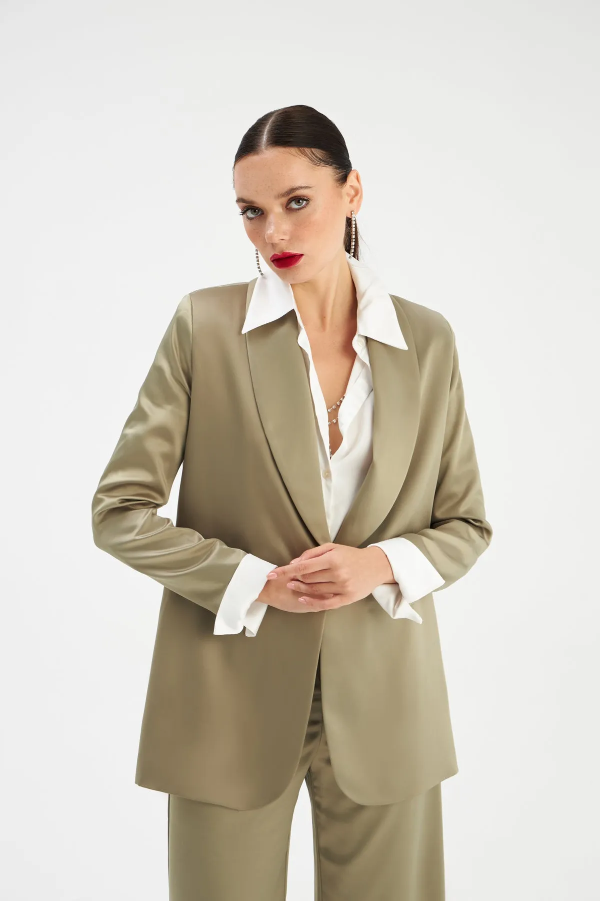 Shawl Collar Satin Jacket - OIL GREEN