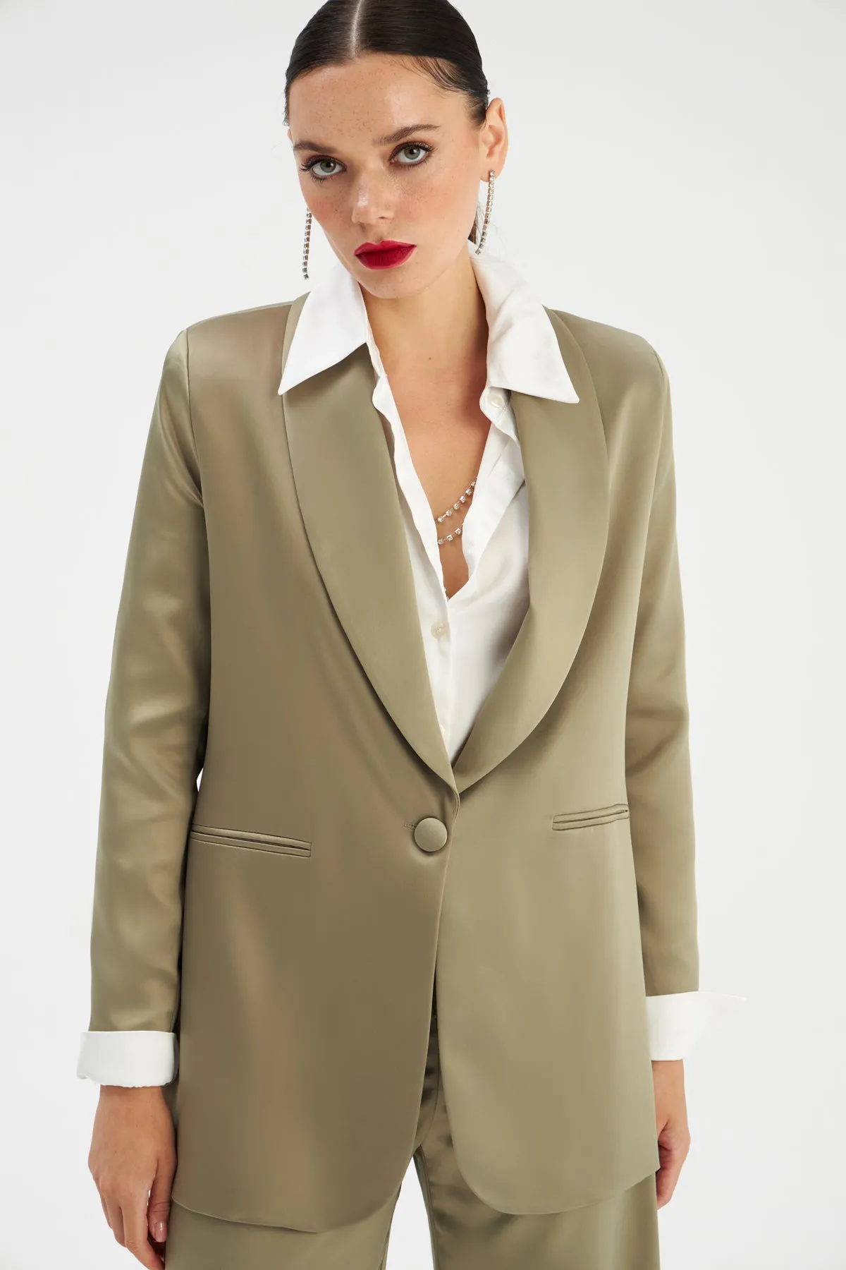 Shawl Collar Satin Jacket - OIL GREEN