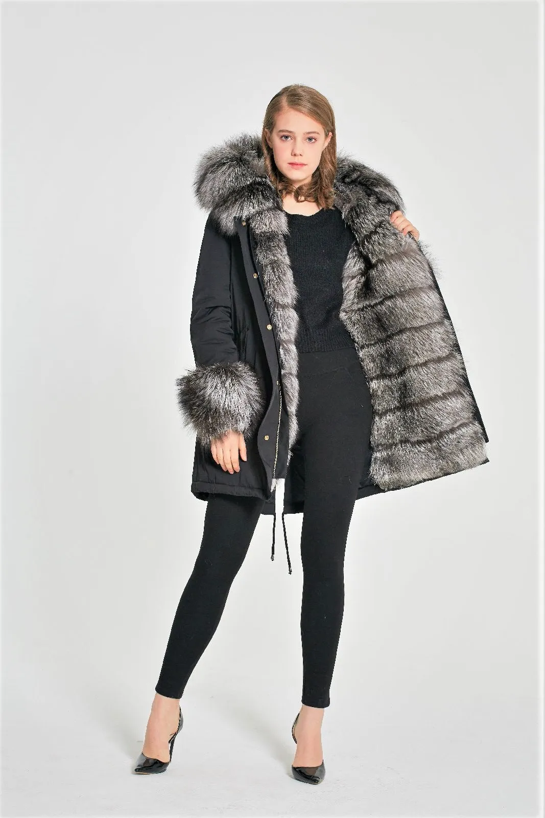 Silver fox parka with hood