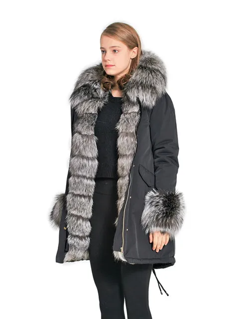 Silver fox parka with hood