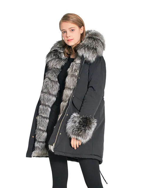 Silver fox parka with hood