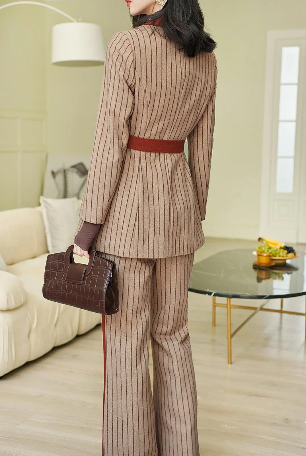 Striped Wool Blend Belted Blazer & Flare Pants