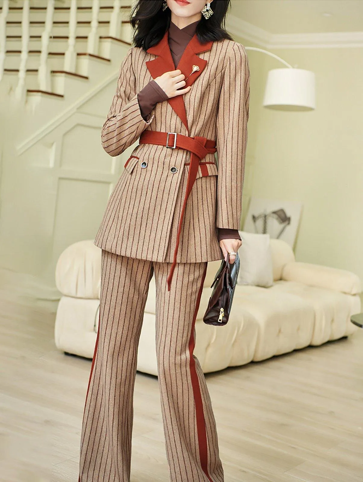 Striped Wool Blend Belted Blazer & Flare Pants