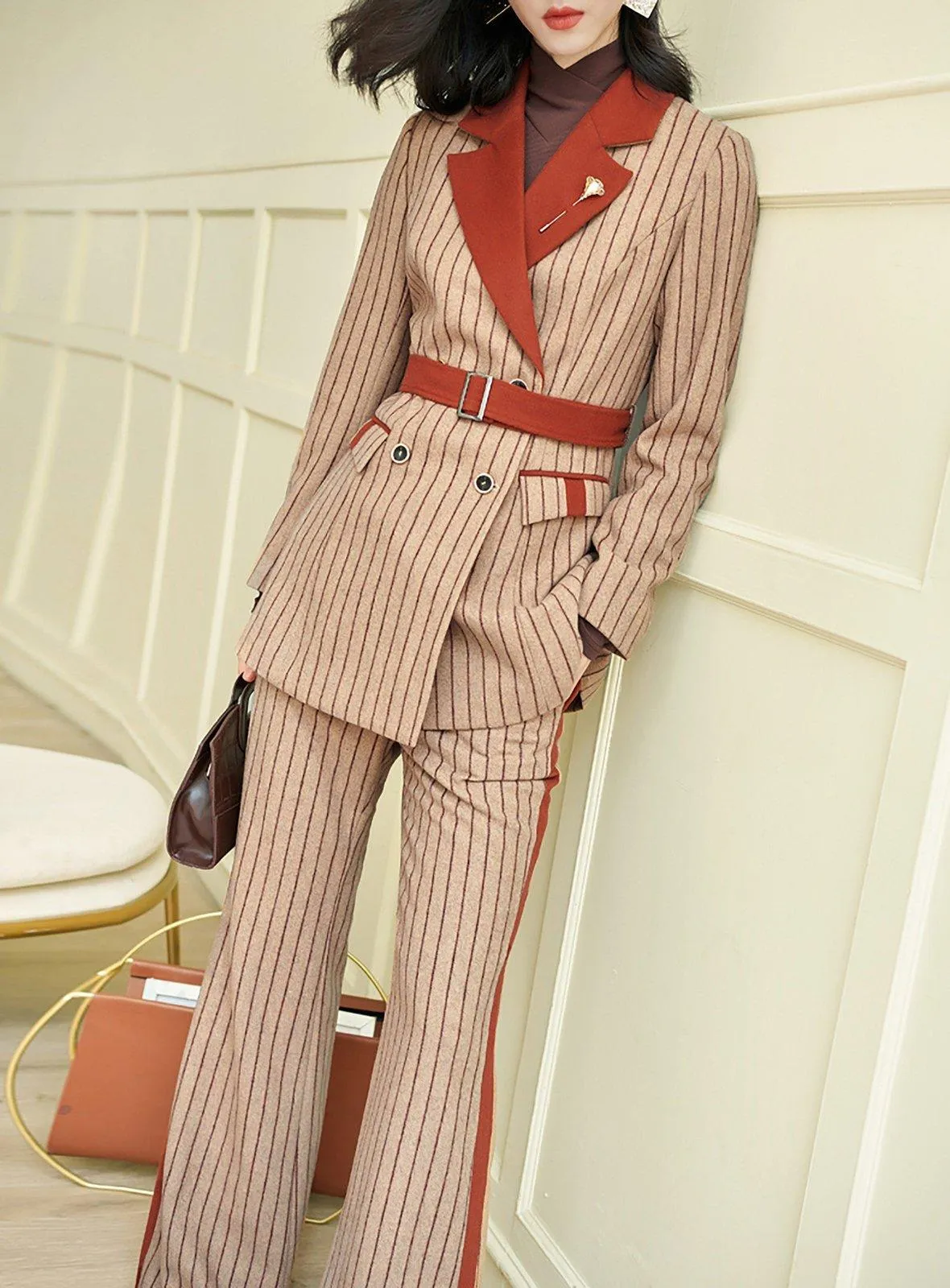 Striped Wool Blend Belted Blazer & Flare Pants