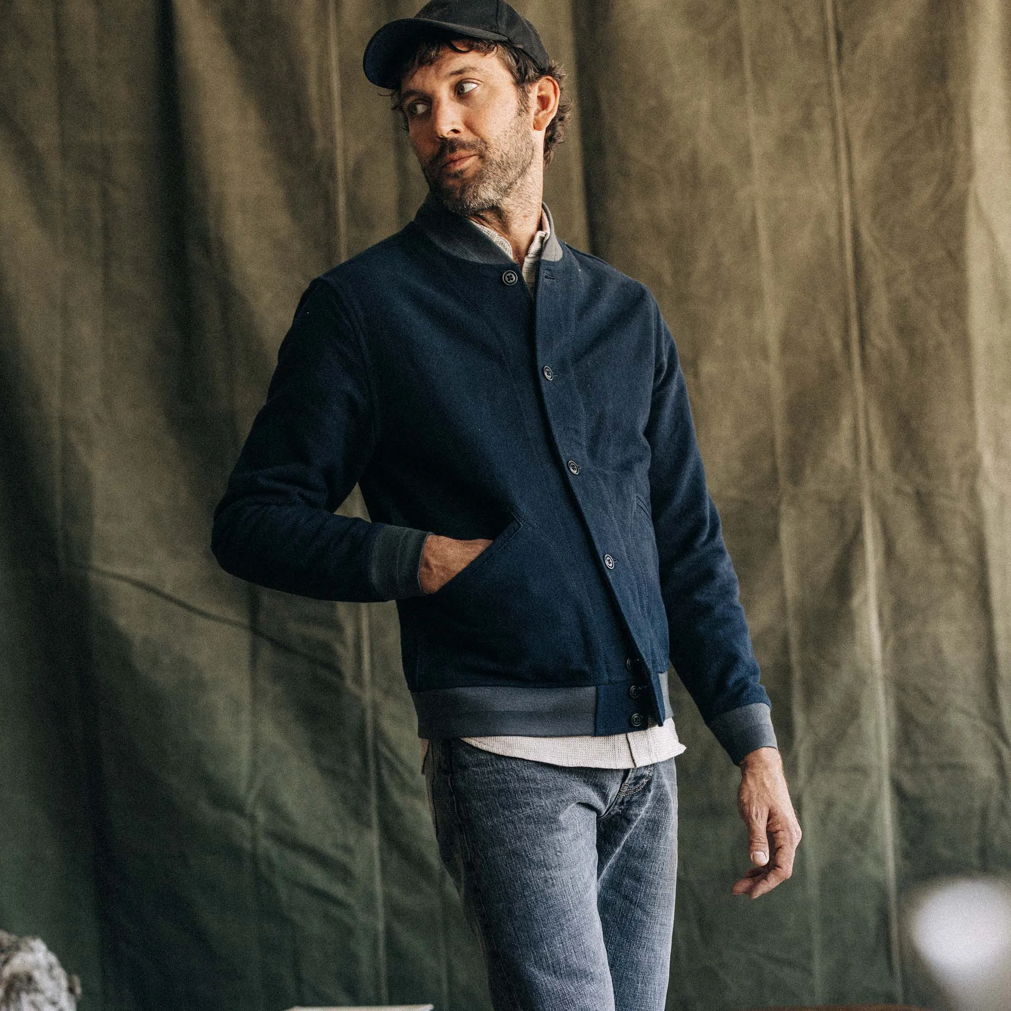 The Bomber Jacket in Dark Navy Moleskin