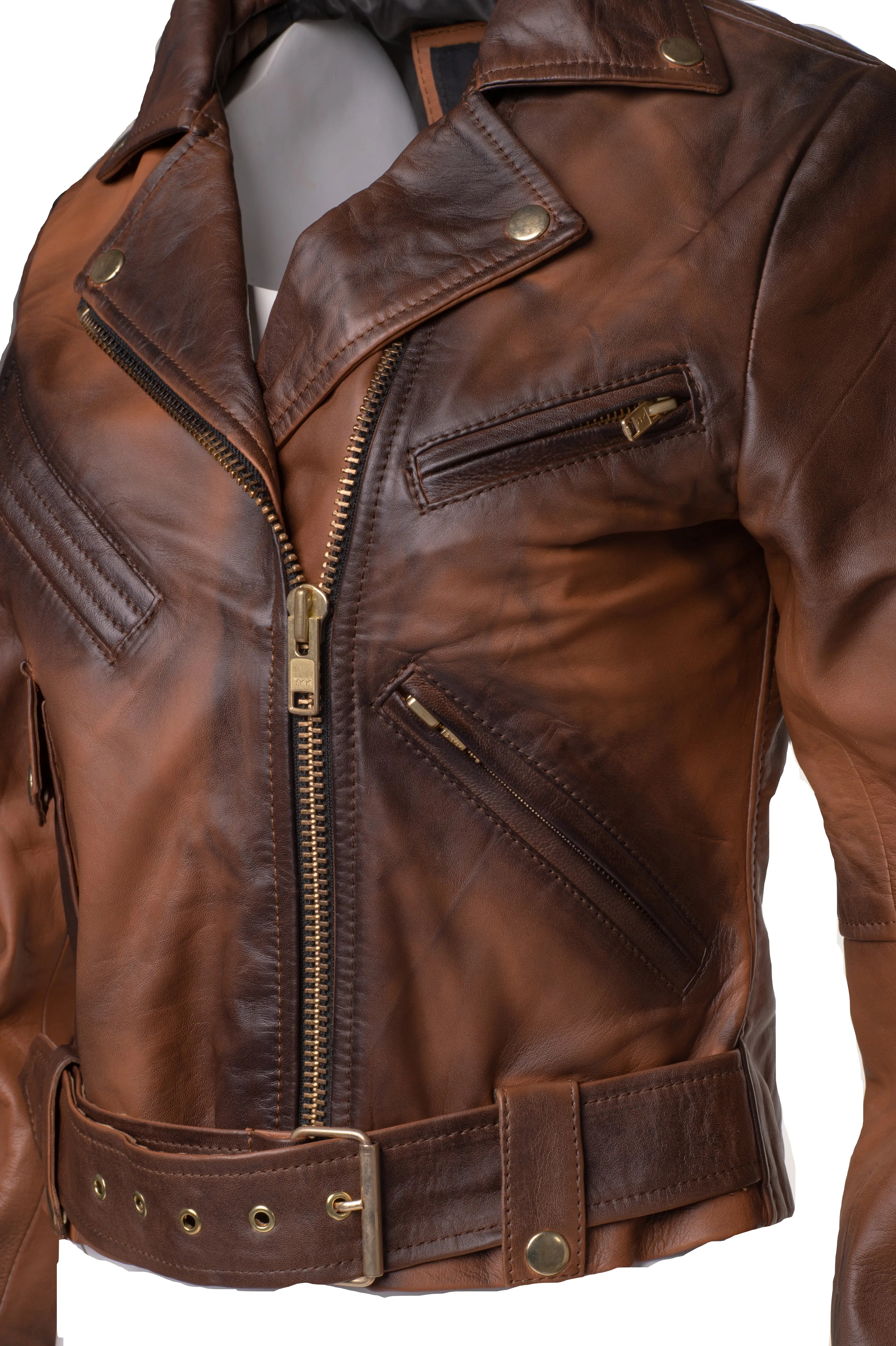 Tracy's shaded brown crop biker leather jacket with waist belt