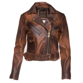 Tracy's shaded brown crop biker leather jacket with waist belt