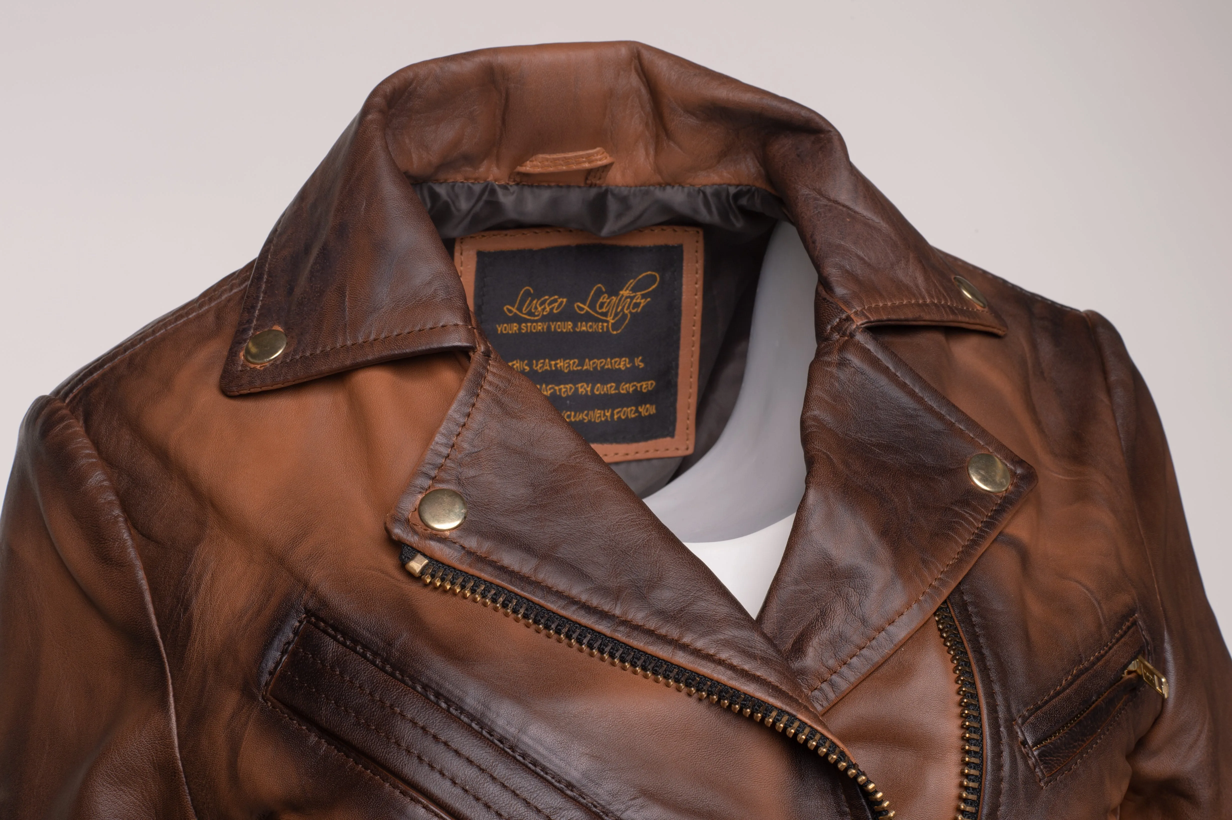 Tracy's shaded brown crop biker leather jacket with waist belt