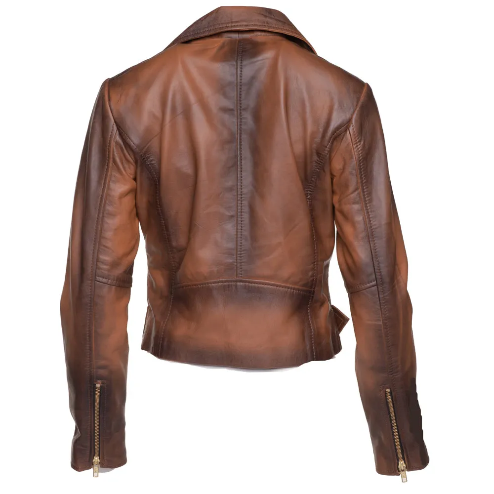 Tracy's shaded brown crop biker leather jacket with waist belt