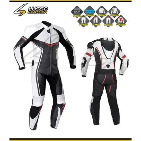 Witt's white, black and red motorcycle leather suit