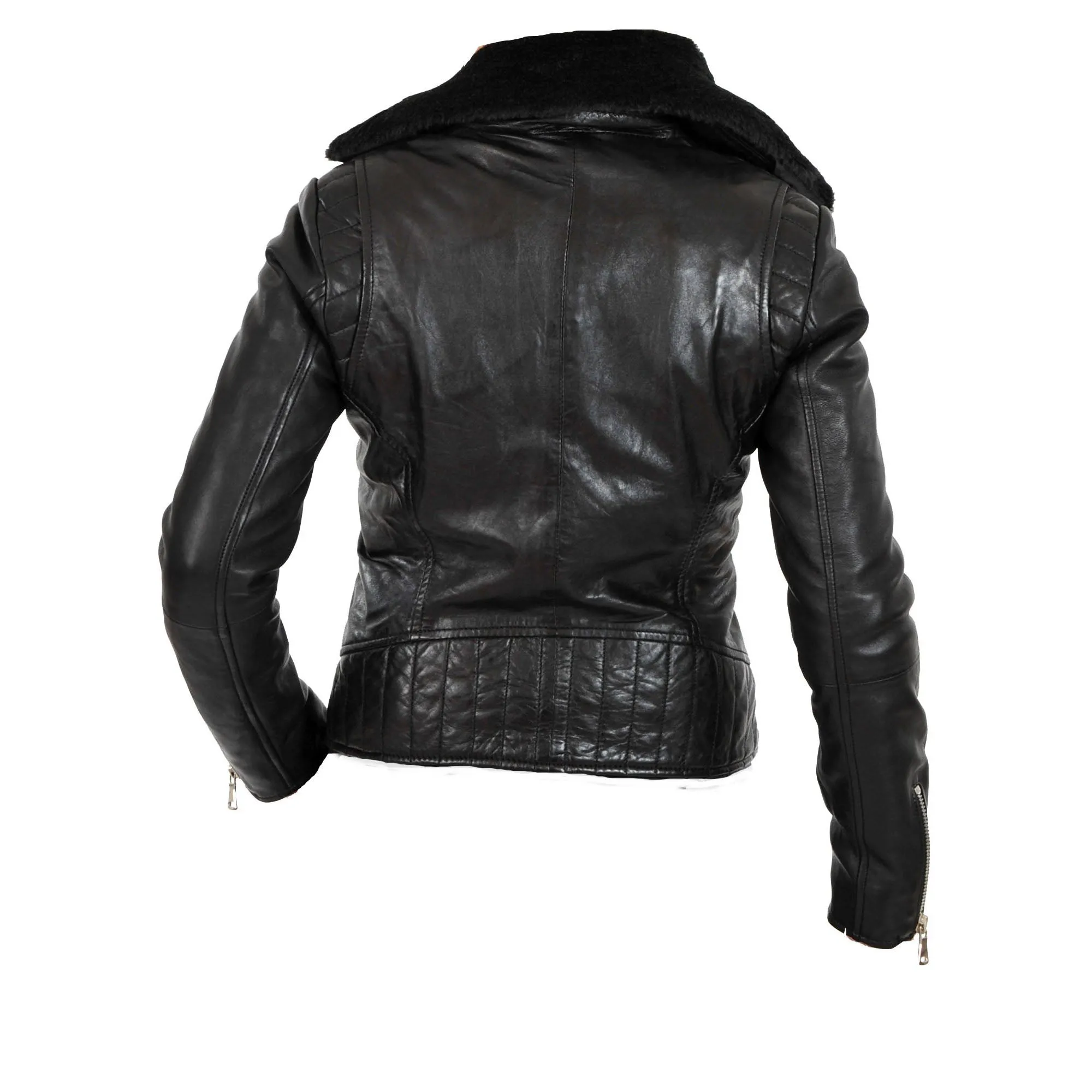 Women’s Biker Style Leather Jacket With Fur Collars