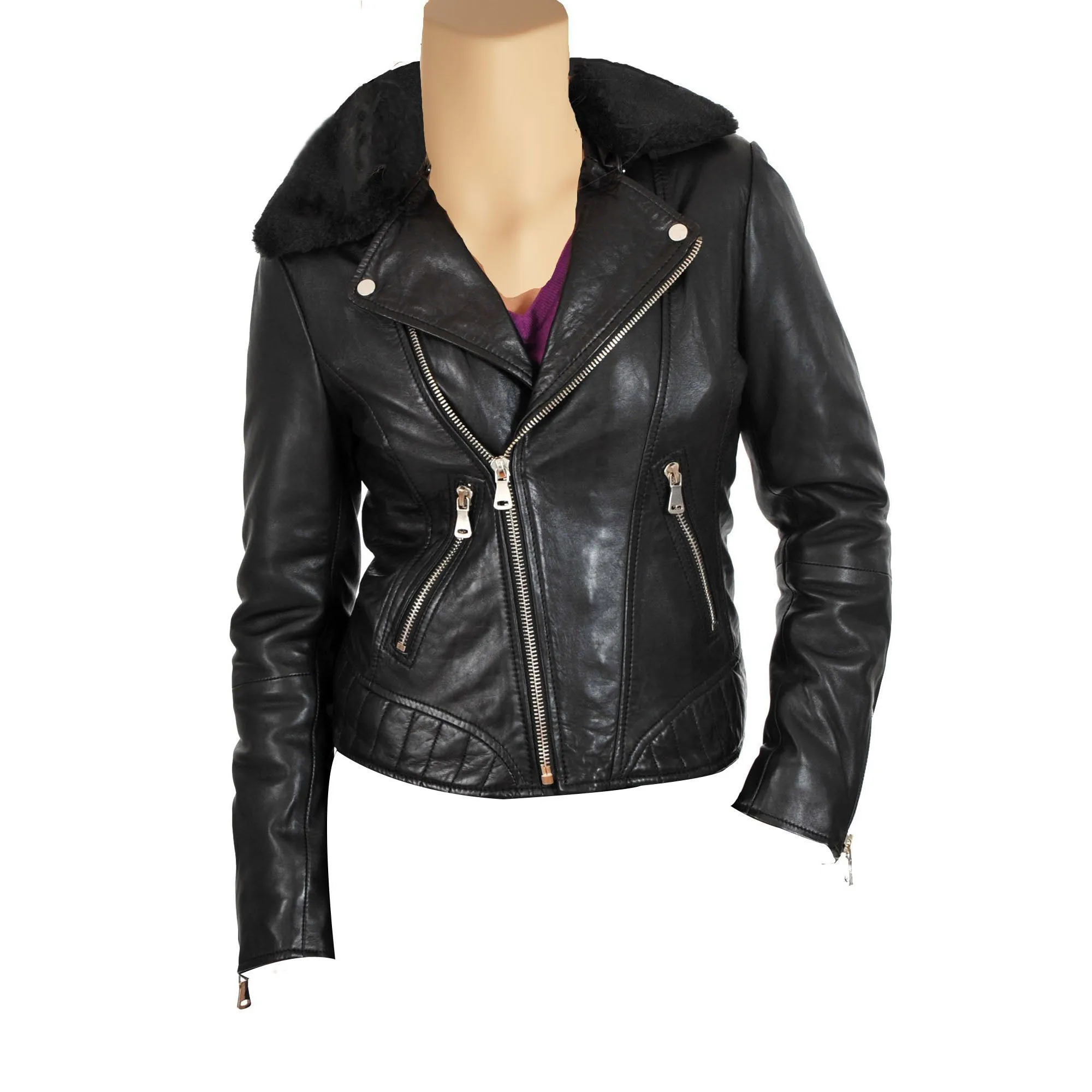 Women’s Biker Style Leather Jacket With Fur Collars