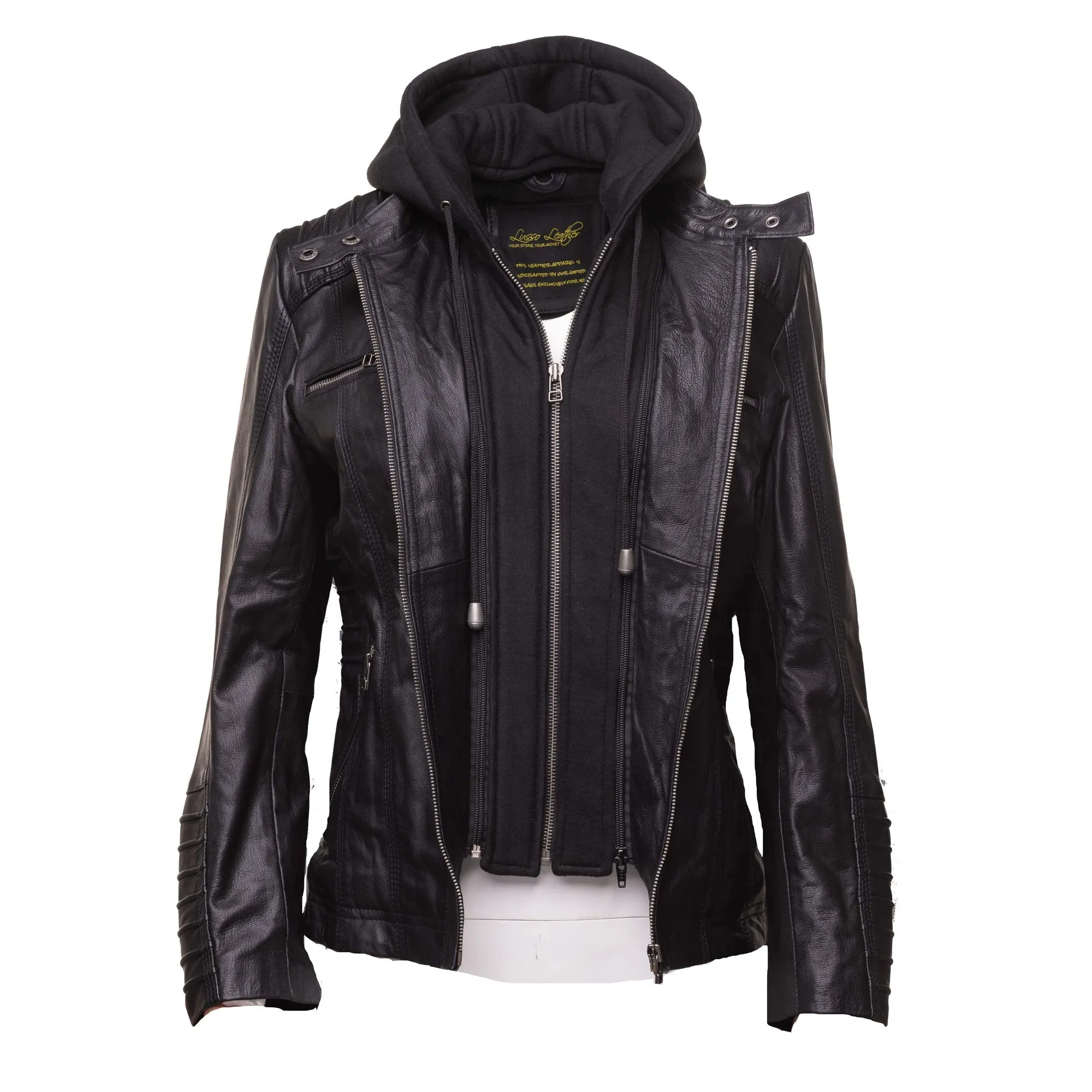 Women's black leather jacket with piping details