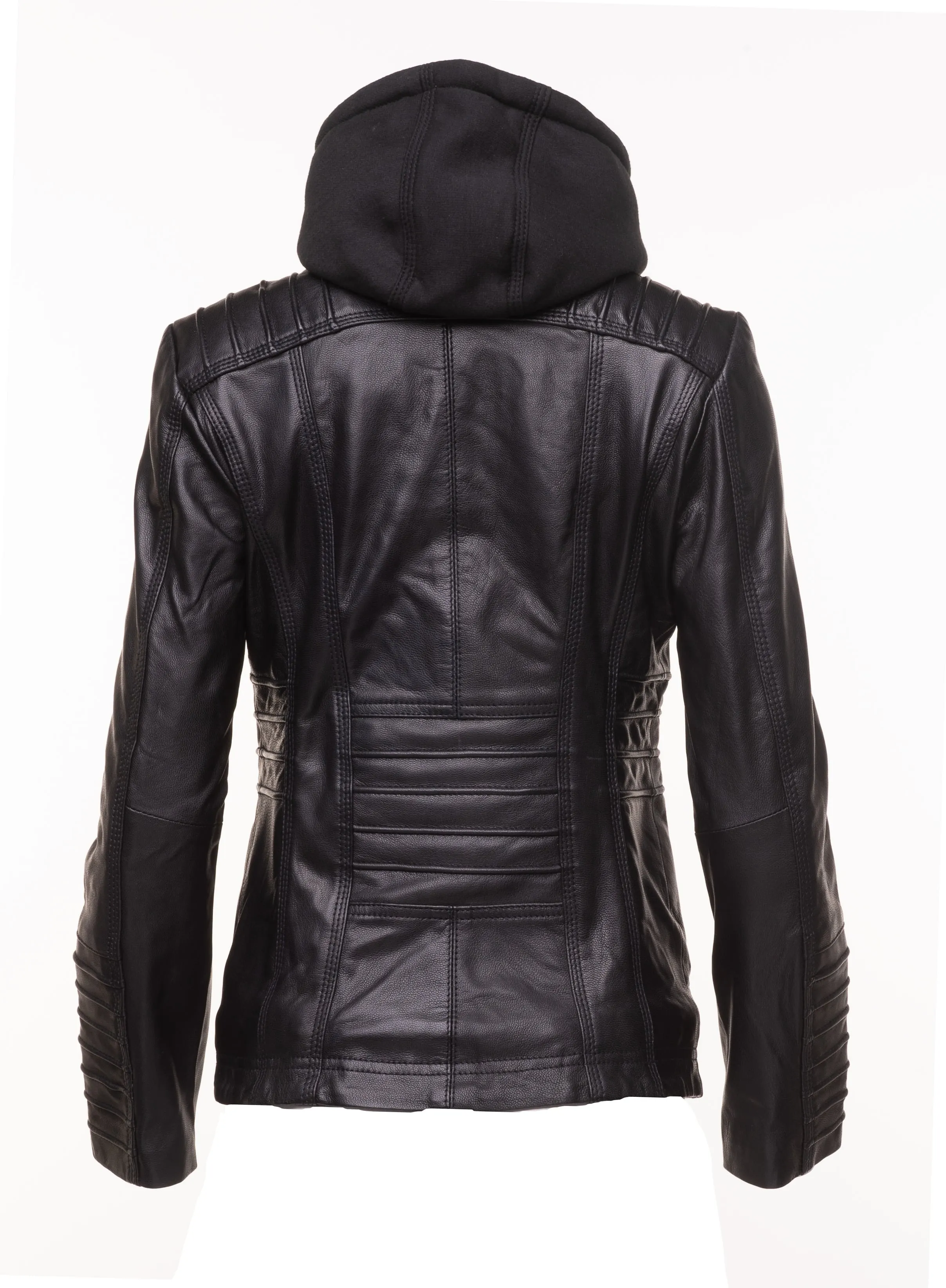 Women's black leather jacket with piping details