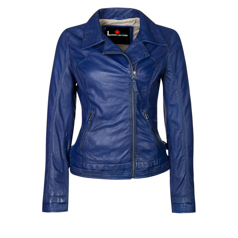 Women's blue biker leather jacket