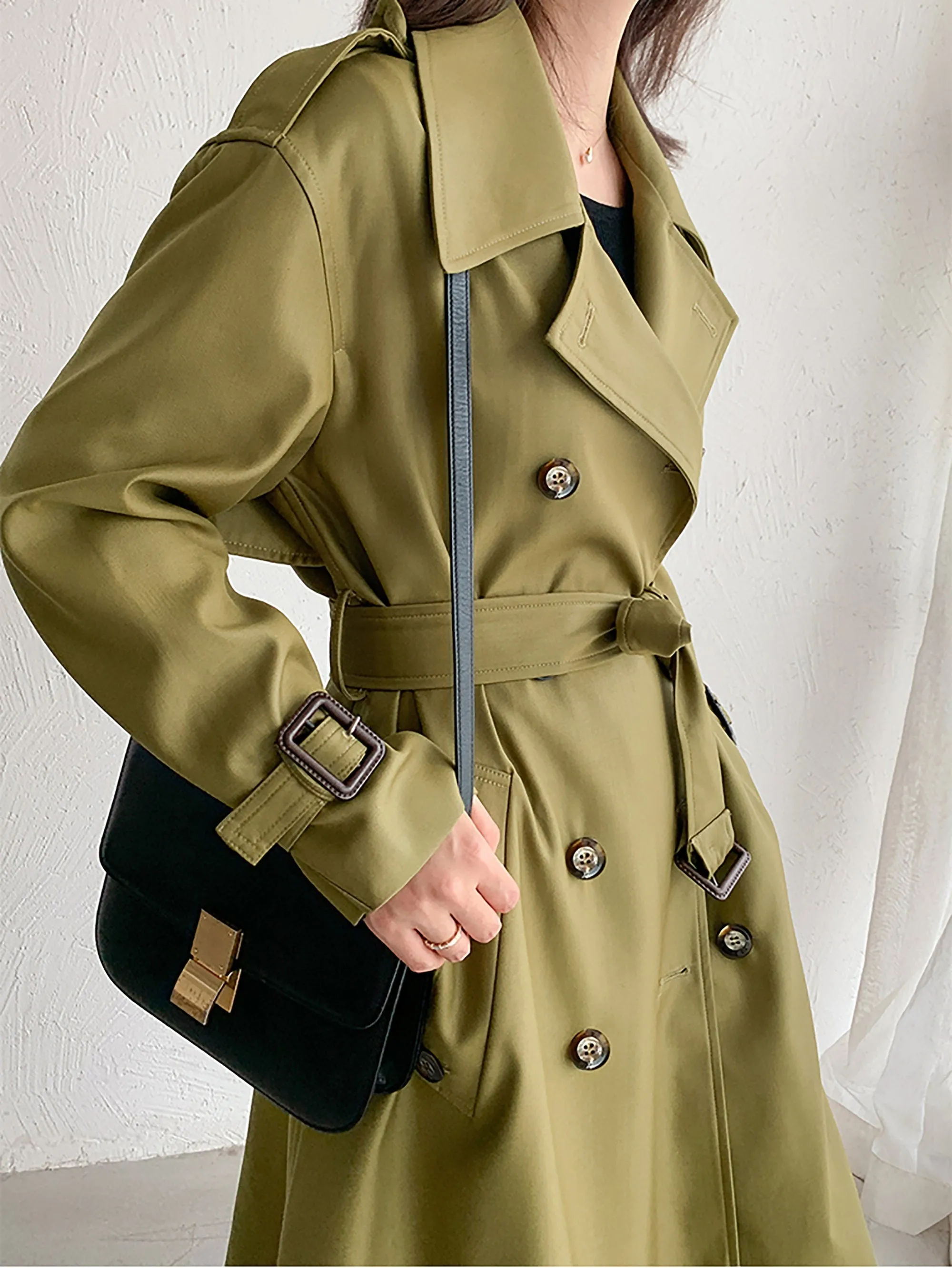 Women's Cotton Blend Windbreaker Belted Double Breasted Trench Coat,Fall Coat Long Raincoat,Green Duster coat Khaki Tench Coat Outerwear