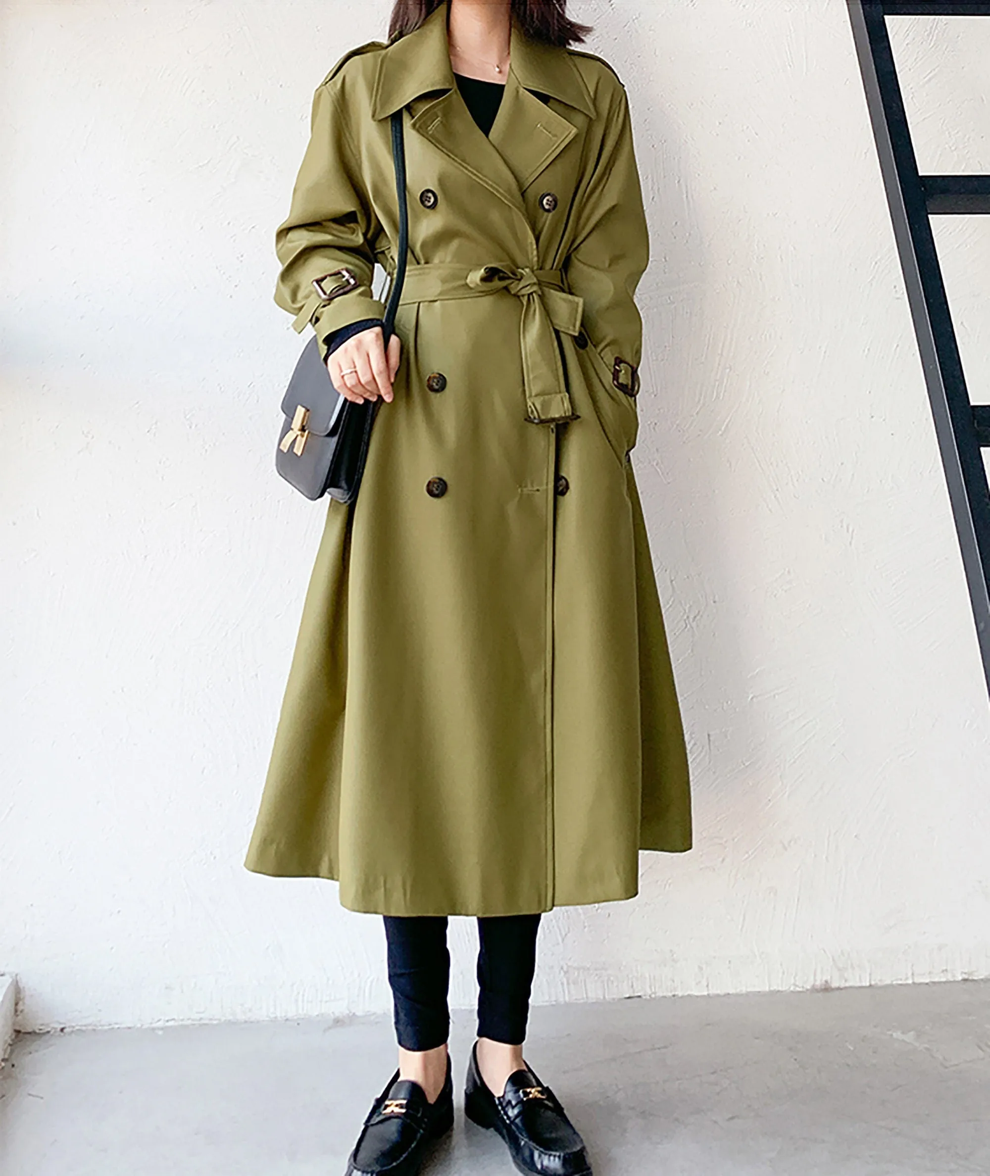 Women's Cotton Blend Windbreaker Belted Double Breasted Trench Coat,Fall Coat Long Raincoat,Green Duster coat Khaki Tench Coat Outerwear