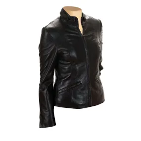 Women's Lidia Black Leather Jacket with Front Zipper