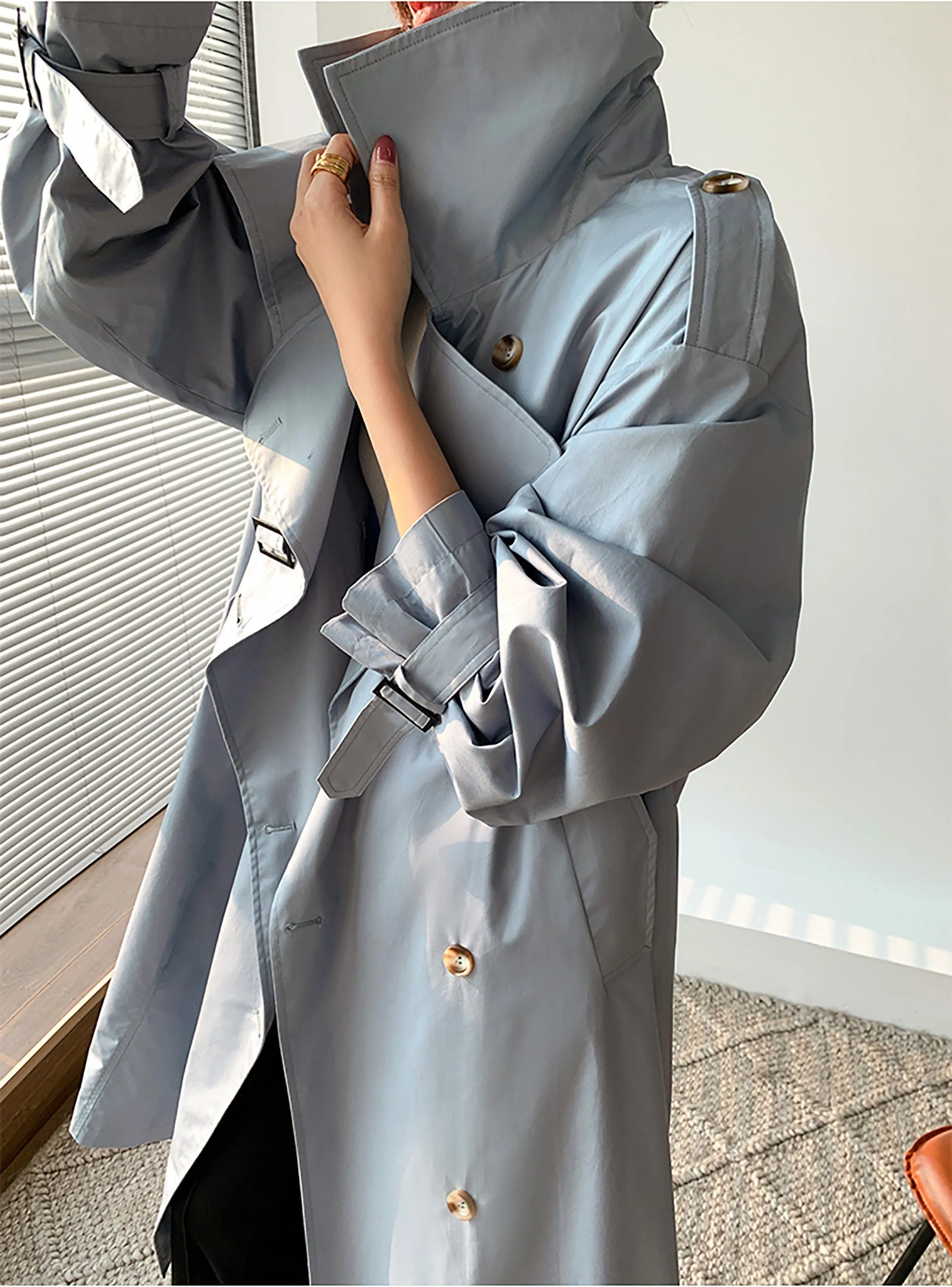 Women's Light Blue Drop Belted Trench Coat,Double Breasted Cotton Blend Trench Coat,Fall Windbreaker Oversize Duster Coat Outerwear Raincoat