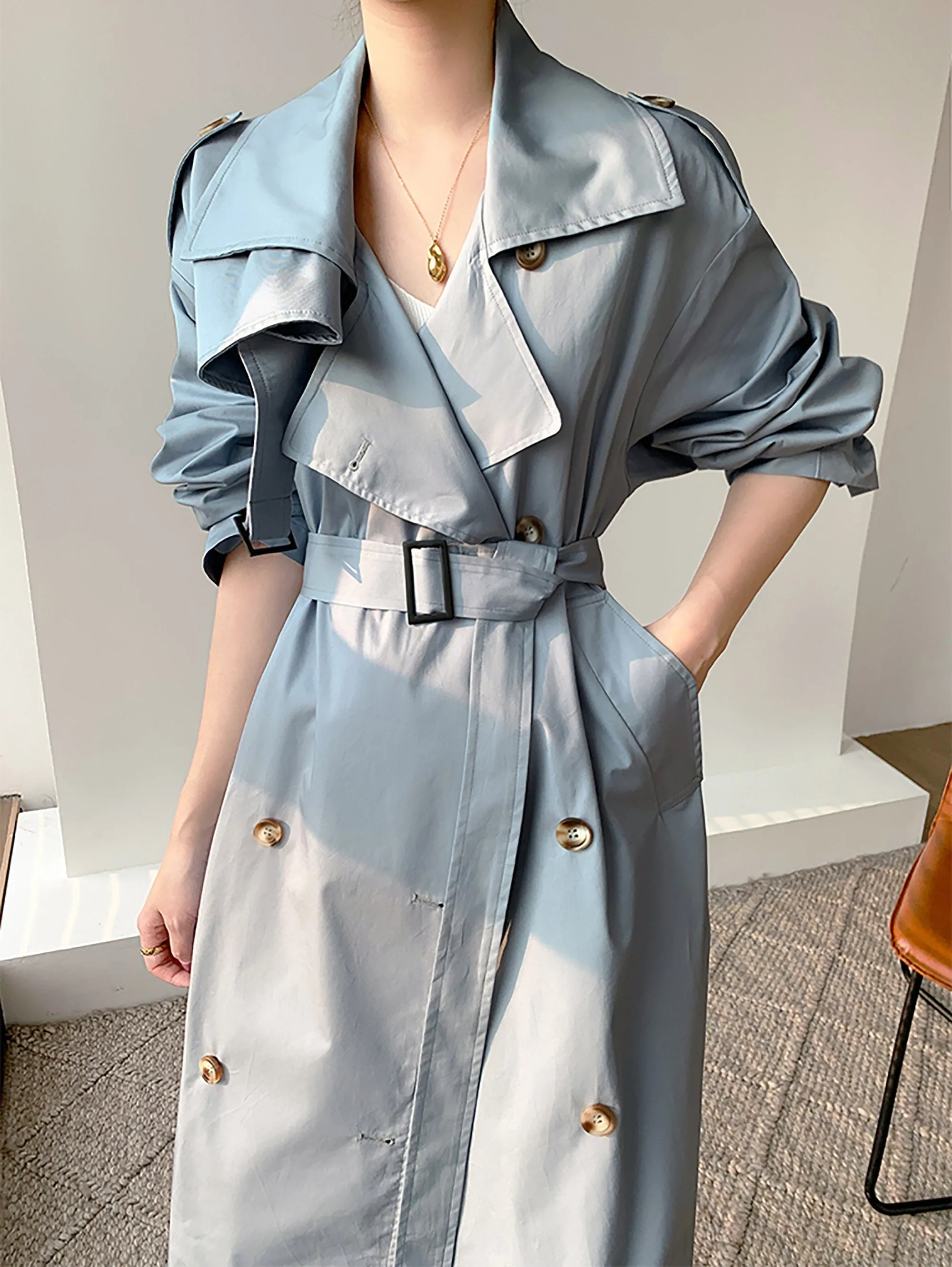 Women's Light Blue Drop Belted Trench Coat,Double Breasted Cotton Blend Trench Coat,Fall Windbreaker Oversize Duster Coat Outerwear Raincoat