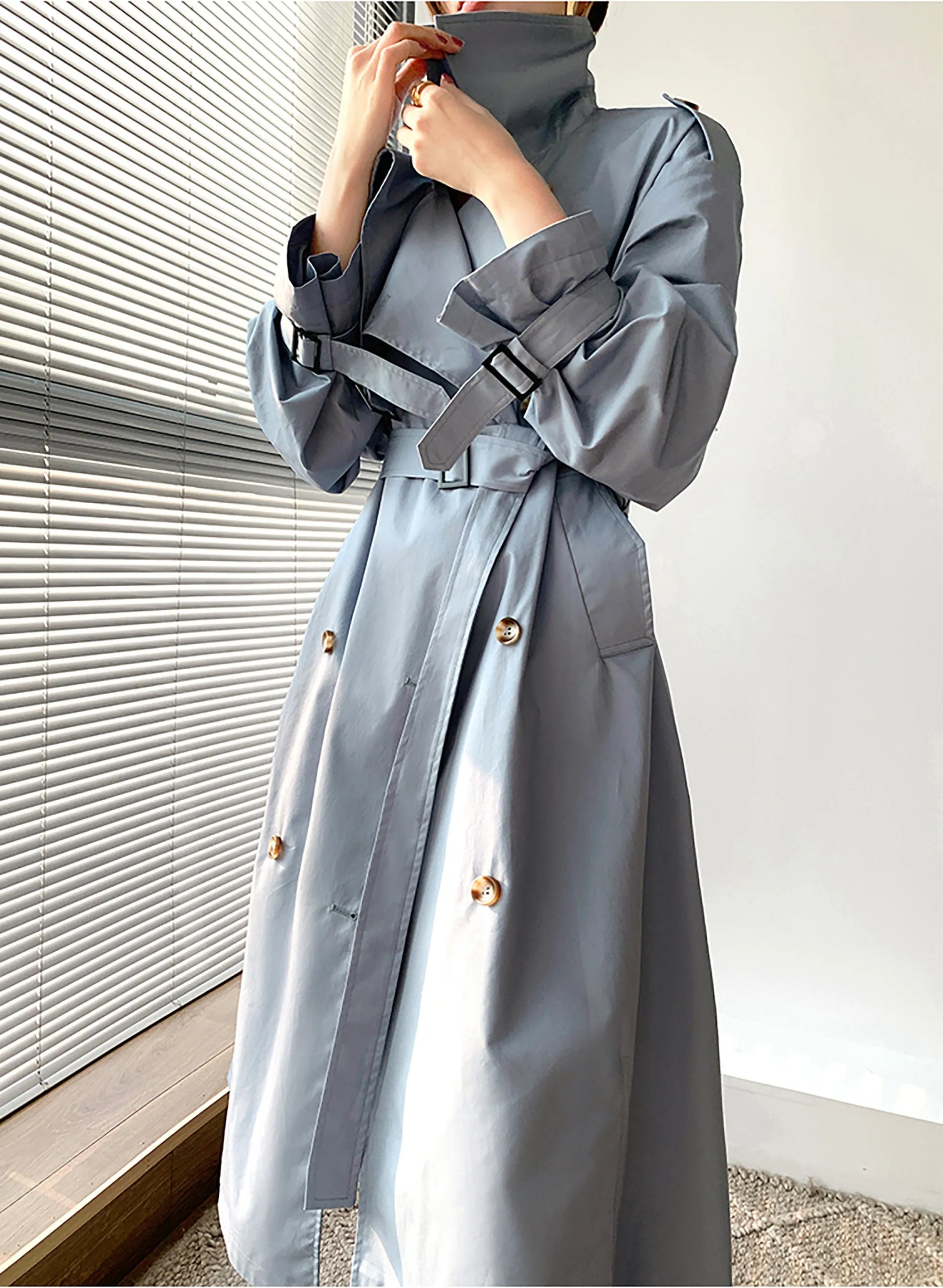 Women's Light Blue Drop Belted Trench Coat,Double Breasted Cotton Blend Trench Coat,Fall Windbreaker Oversize Duster Coat Outerwear Raincoat