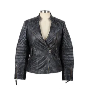 Womens Stone Wash With Cotton Canvas Leather Jacket