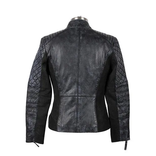 Womens Stone Wash With Cotton Canvas Leather Jacket