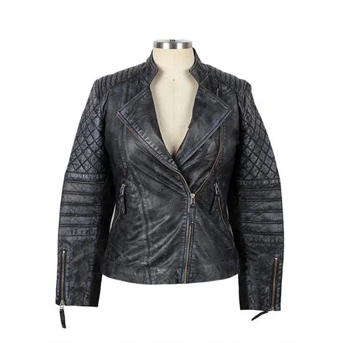 Womens Stone Wash With Cotton Canvas Leather Jacket