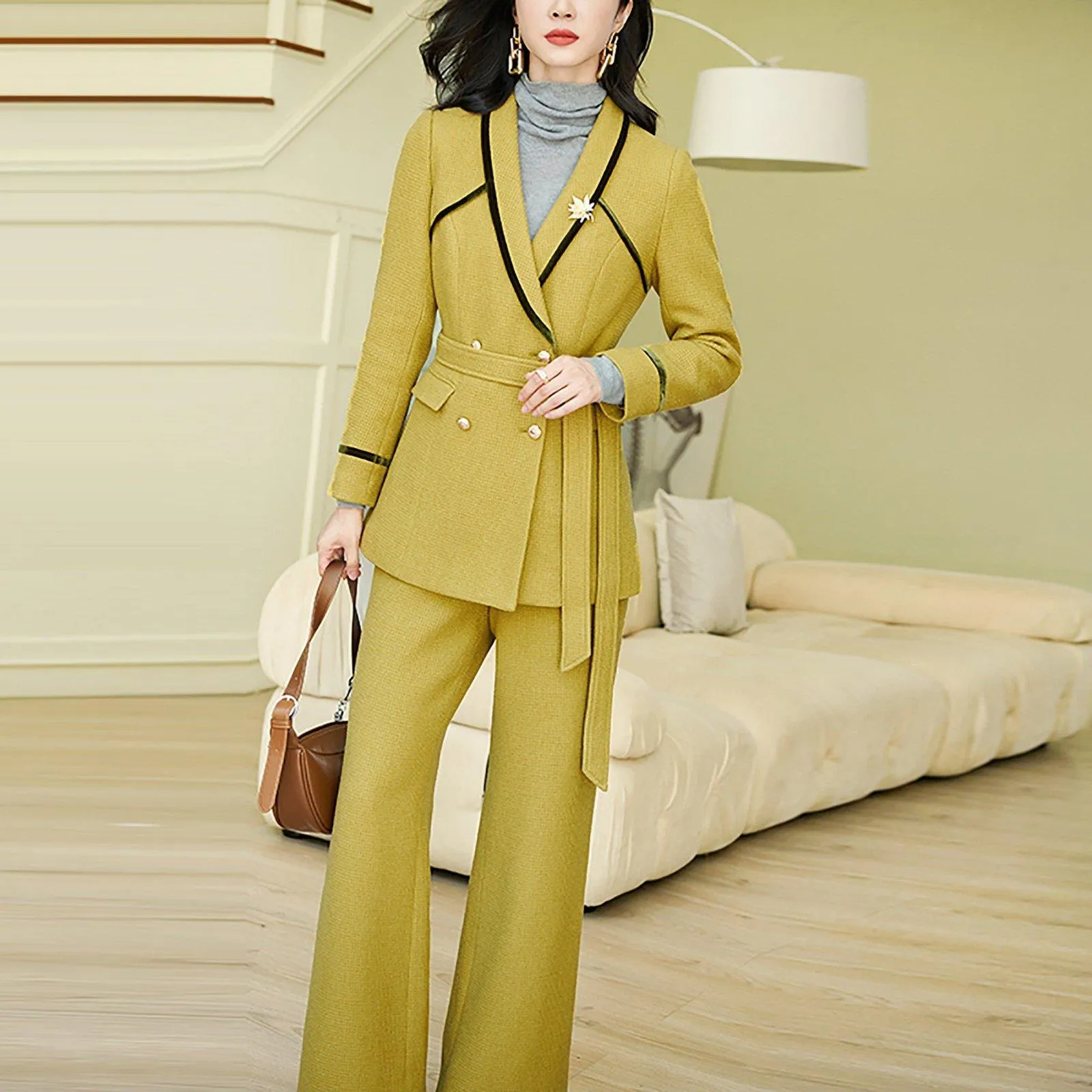 Wool Blend Shawl Collar Blazer & Flare Pants Set