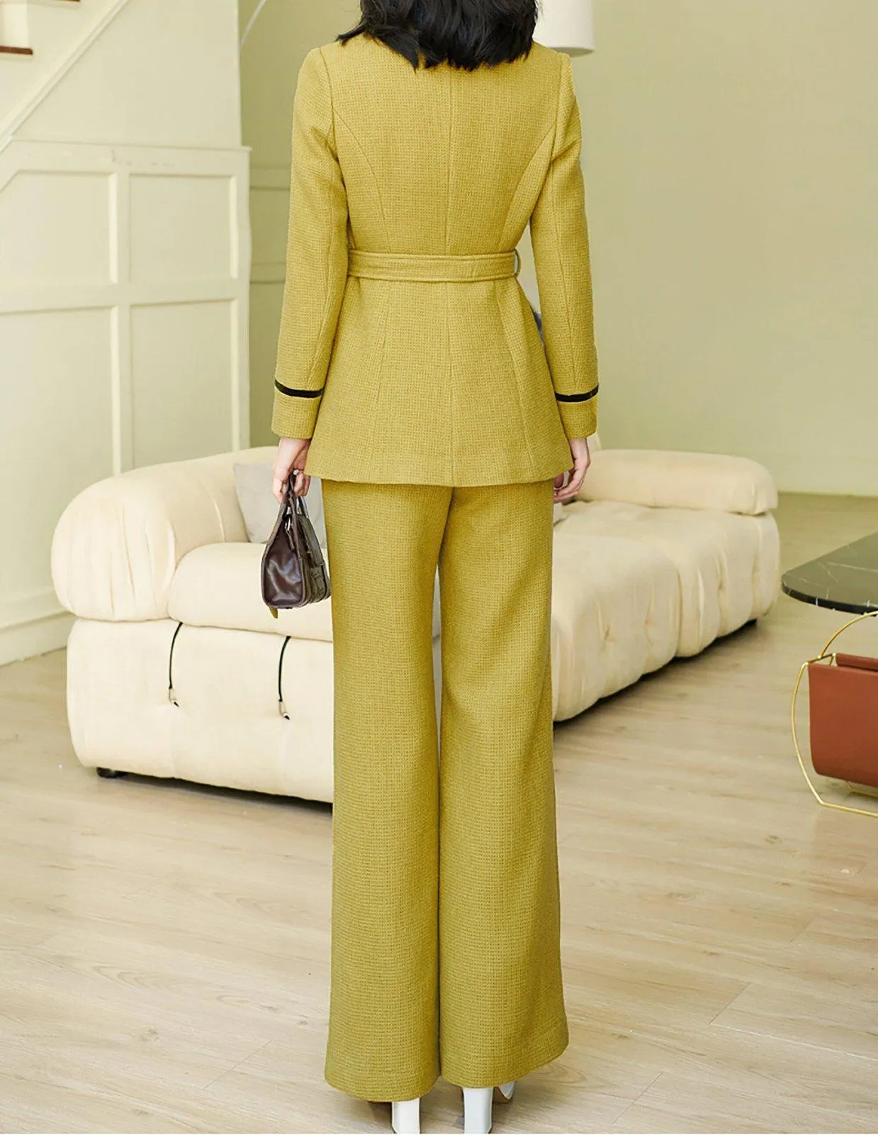 Wool Blend Shawl Collar Blazer & Flare Pants Set