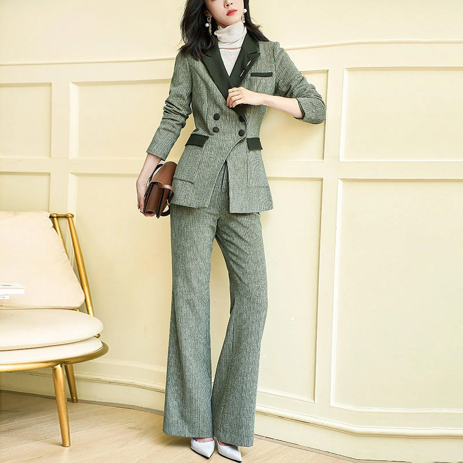 Wool Blend Two Tone Double Breasted Blazer & Flare Pants Set