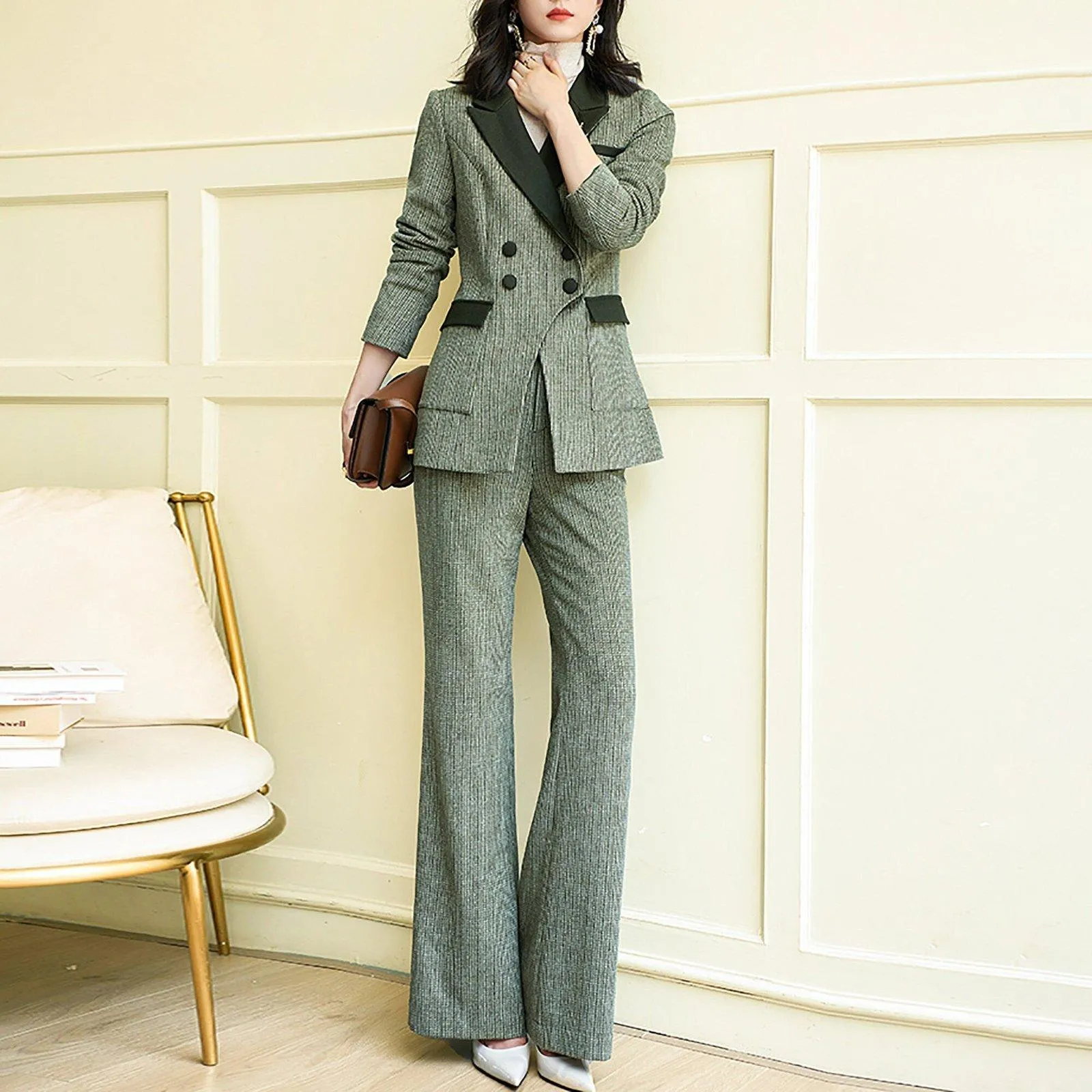 Wool Blend Two Tone Double Breasted Blazer & Flare Pants Set